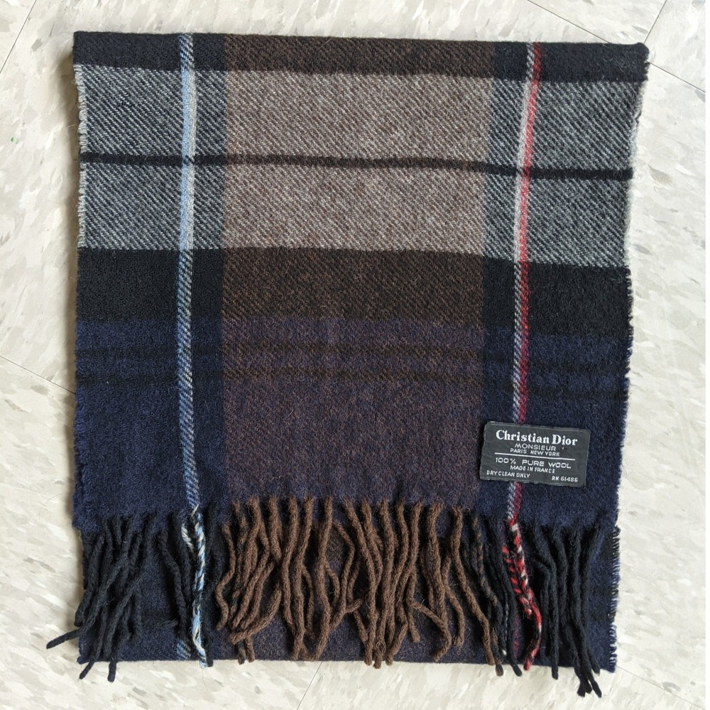 Christian Dior Monsieur Vintage 90s Wool Plaid Scarf Navy Brown Made in France